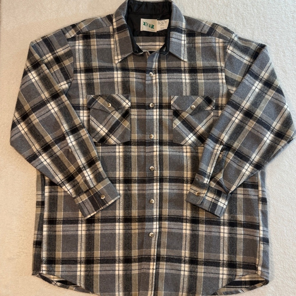 Key Industries Mens 2XL Flannel Shirt Grey Black Plaid Cotton Made in USA 513.99